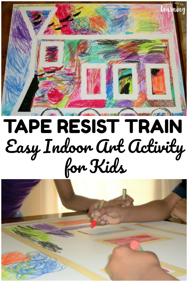 This fun and easy train tape resist art activity is a perfect indoor art lesson for young kids!