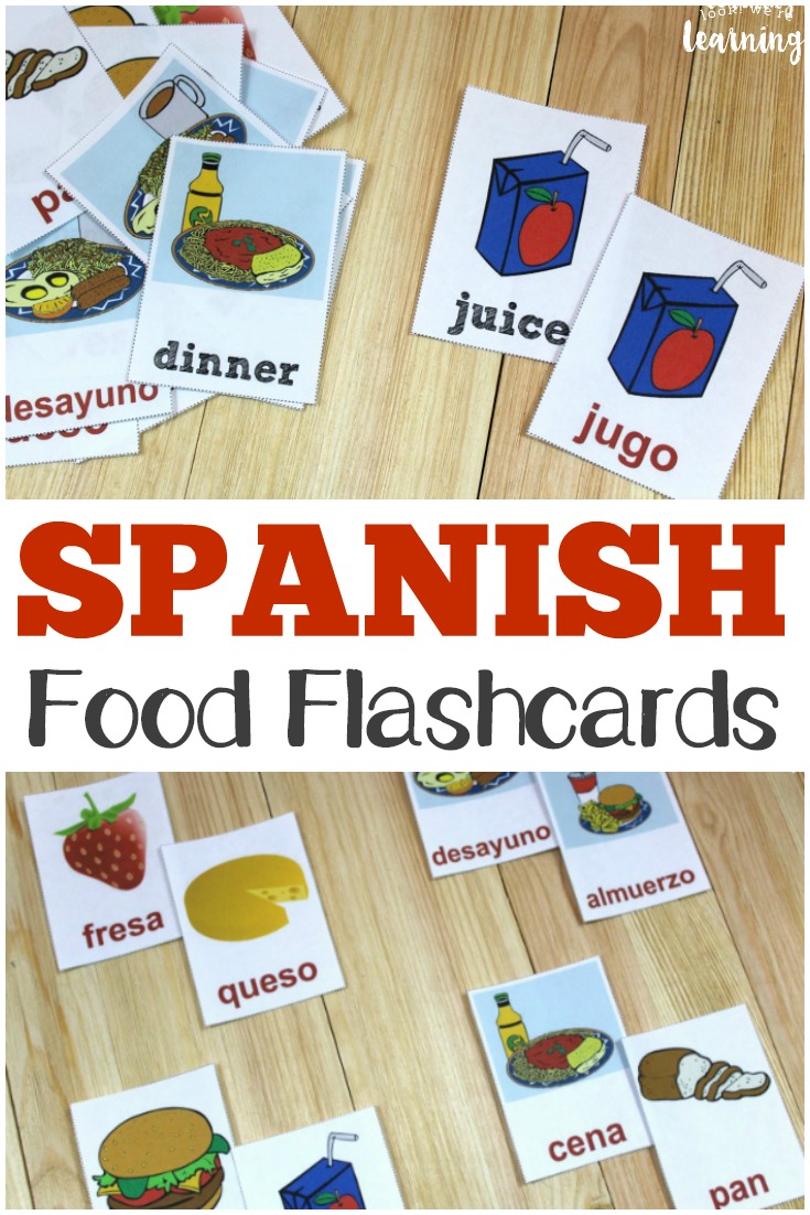 Pick up these printable Spanish food flashcards to help kids learn common food words in espanol!