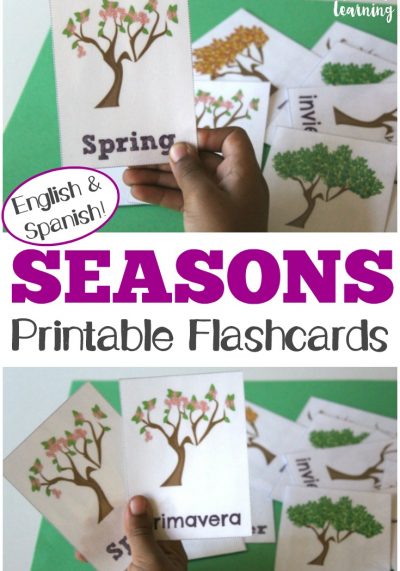 These printable English and Spanish season flashcards are great for learning about the seasons in both languages!