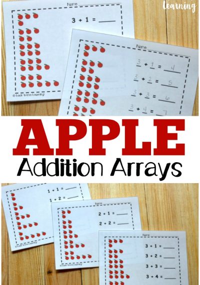 Work on using arrays to add numbers up to five with these printable apple themed addition array practice printables! These are great for math practice in early grades!