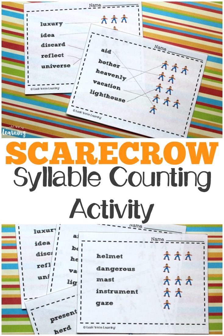Work on recognizing syllables in common vocabulary words with this Scarecrow Syllables printable syllable activity for kids!