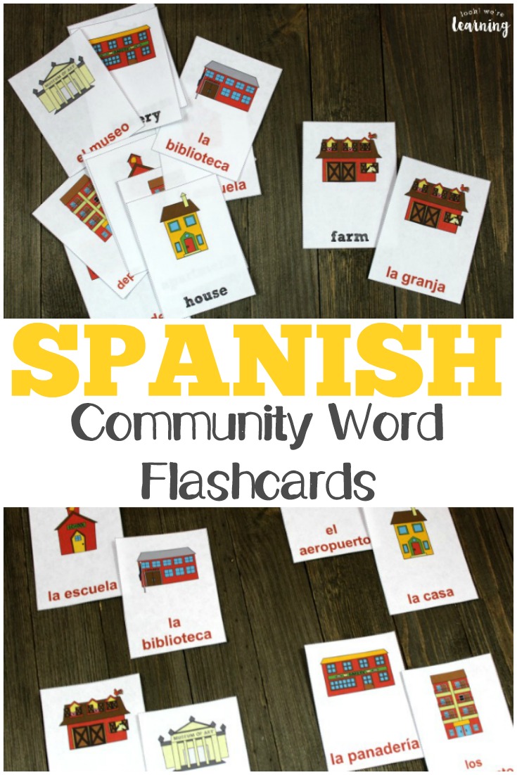 Use these printable Spanish community words flashcards to help kids identify places in the neighborhood in Spanish!