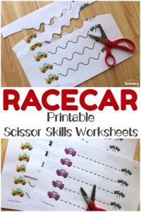 These printable racecar scissor skills worksheets are perfect fine motor practice for little racing fans!