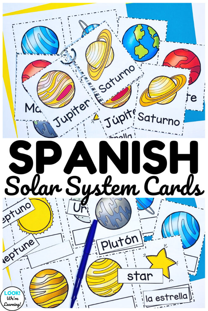 These English and Spanish solar system learning cards are a fun way to learn about space in both languages!