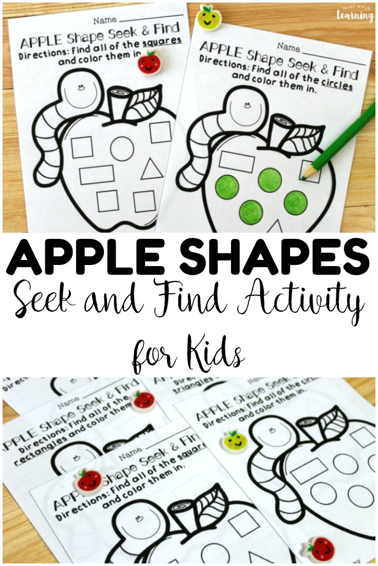 Use these apple shape sorting worksheets to help early learners practice recognizing the four basic shapes with a fun fall theme!