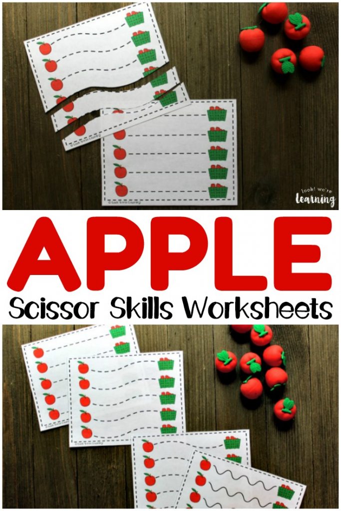 These printable apple preschool scissor skills worksheets are a fun way to practice fine motor skills with preschoolers!