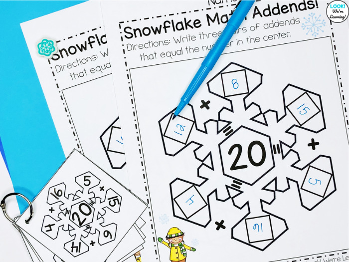 Using Snowflake Math Addition Practice with Kids