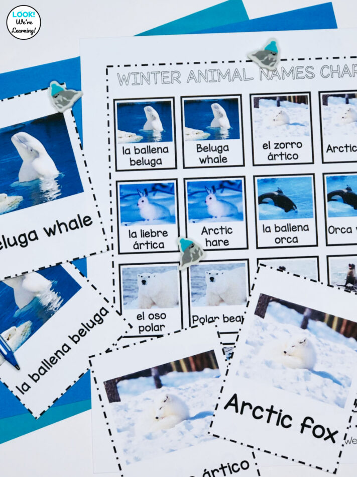 Spanish Winter Animals Flashcards with Printable Chart