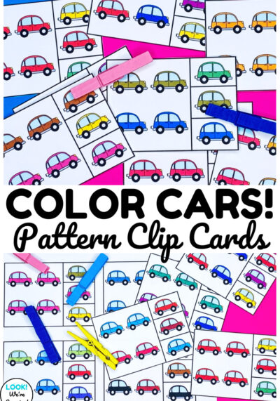 Teach early learners how to build basic math patterns with these colorful cars math pattern clip cards!