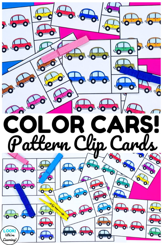 Teach early learners how to build basic math patterns with these colorful cars math pattern clip cards!