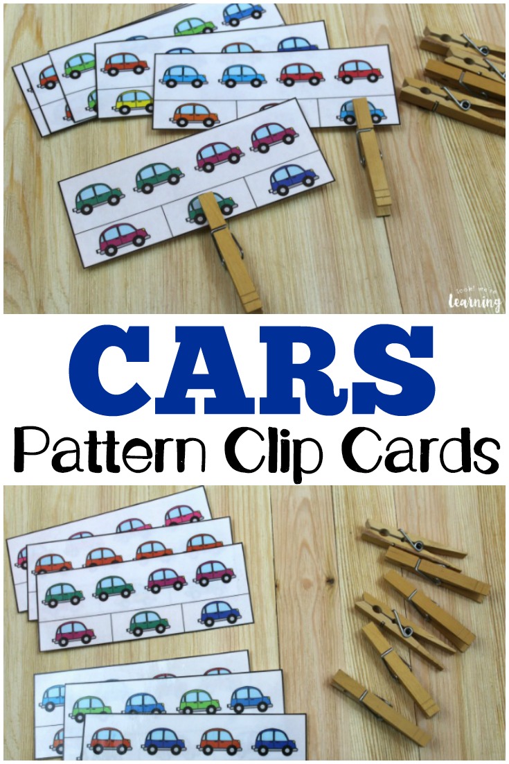 These colorful car color pattern clip cards are so fun for teaching young learners to recognize basic patterns!