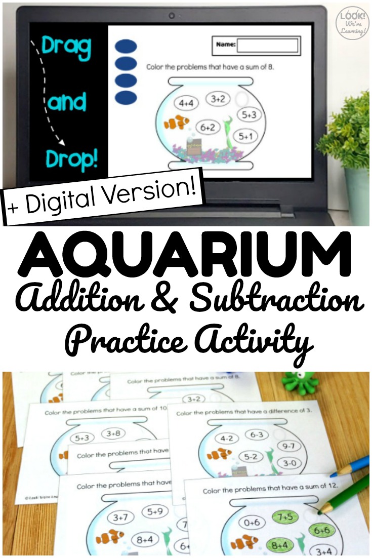 Grab this printable Aquarium Arithmetic math practice activity and get a digital version to use online too! Great for helping students practice adding and subtracting in class or at home!