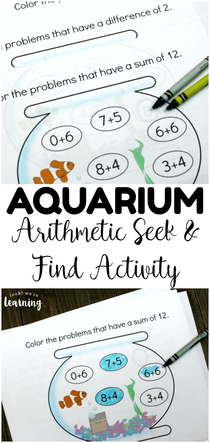 Practice basic addition and subtraction with these fun aquarium arithmetic seek and find worksheets! This fun math activity for kids is perfect for summer math review!