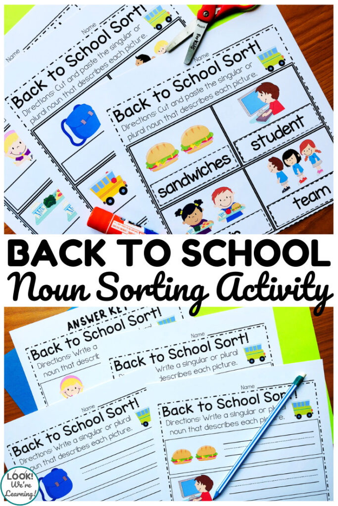 Printed back to school themed noun sorting worksheets with scissors and a pencil