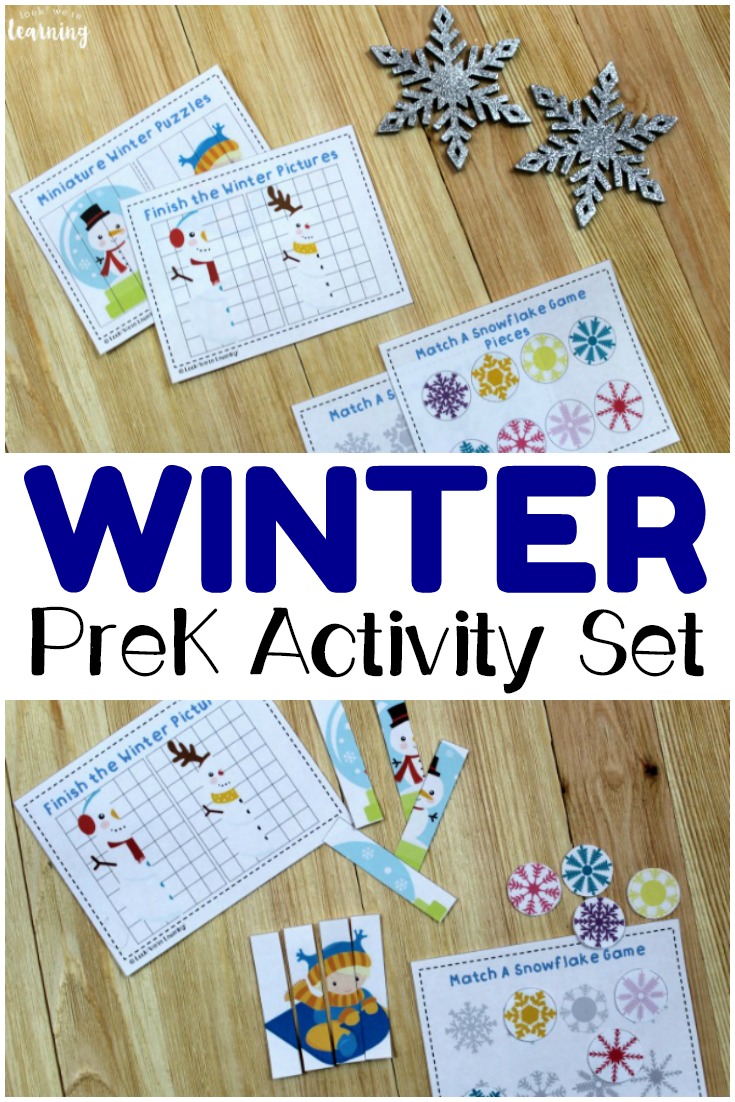 Pick up this printable winter preschool activity set to help little ones practice symmetry, shape matching, and more! Perfect for winter preschool lessons!