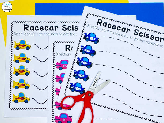 Racecar Cutting Practice Worksheets for Preschool