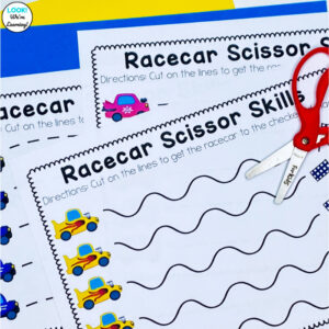 Racecar Scissor Skills Worksheets for Kids