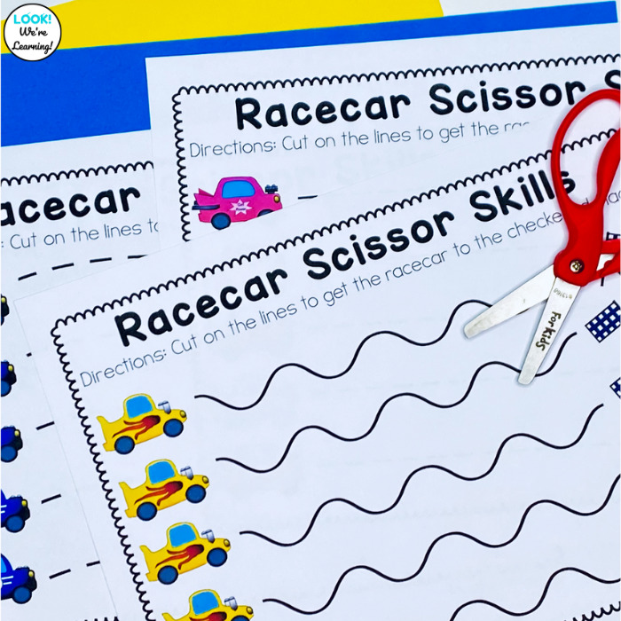 Racecar Scissor Skills Worksheets for Kids