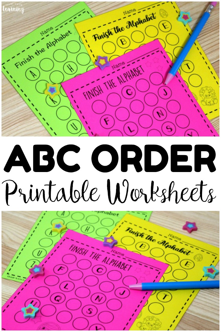 Practice helping early learners memorize the letters of the alphabet with these printable finish the alphabet worksheets for kids! Great for learning alphabetical order!