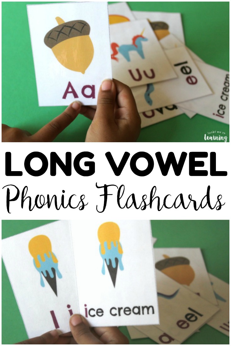 These printable long vowel phonics flashcards are an excellent literacy resource for early readers! Help kids practice sounding out long vowel sounds with pictures and words!