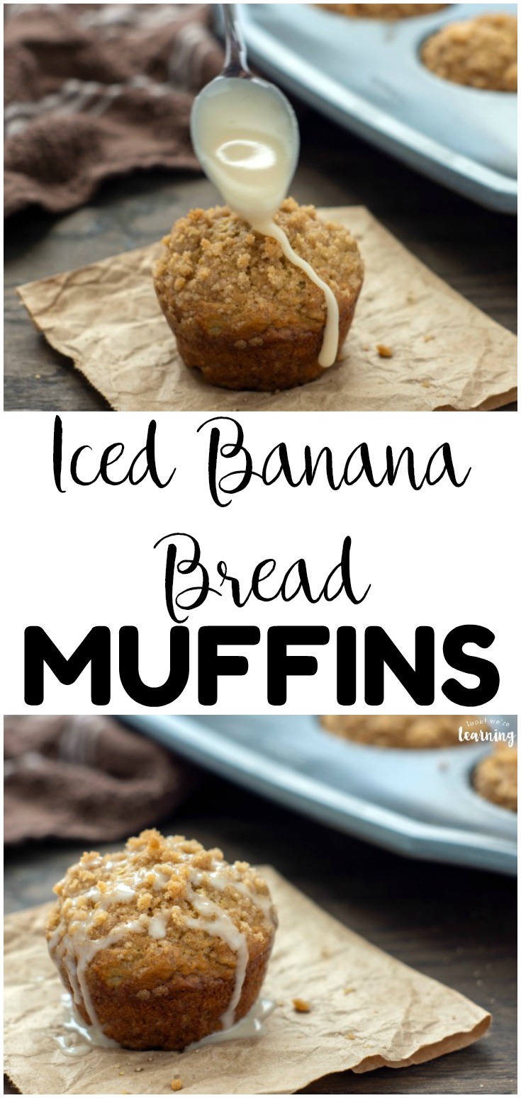 These easy iced banana bread muffins are wonderful for breakfast or snacks, especially if you have hungry kids! Whip up these banana muffins in just a few minutes!