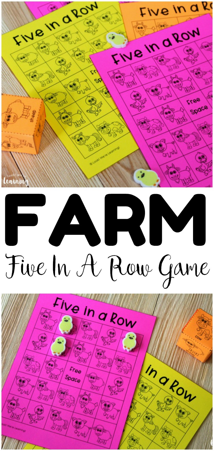 This five in a row printable farm game for kids is such a fun way to practice counting with early learners! Use this farm theme activity for spring, fall, or animal units!