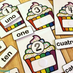 Cupcake English and Spanish Number Word Matching Activity