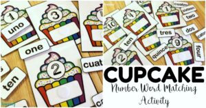 Fun Cupcake English and Spanish Number Word Matching Activity