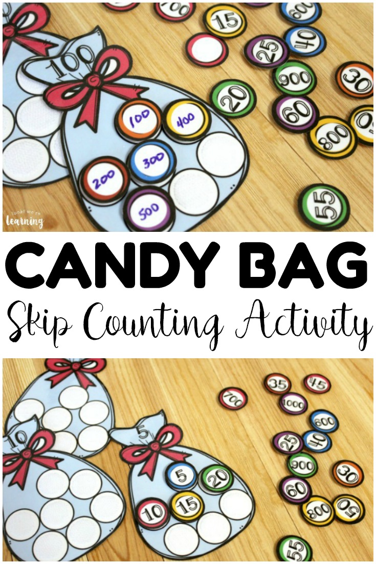 Help students practice skip counting by 5, 100, and 1000 with this hands on candy bag skip counting activity! Laminate these to reuse at second grade math centers!