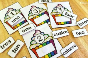 Printable Cupcake English and Spanish Number Word Matching Activity
