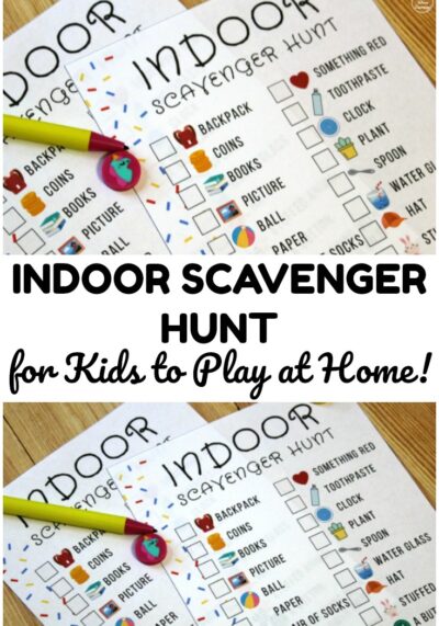 Pick up this free printable indoor scavenger hunt for a fun indoor play activity to share with the kids!