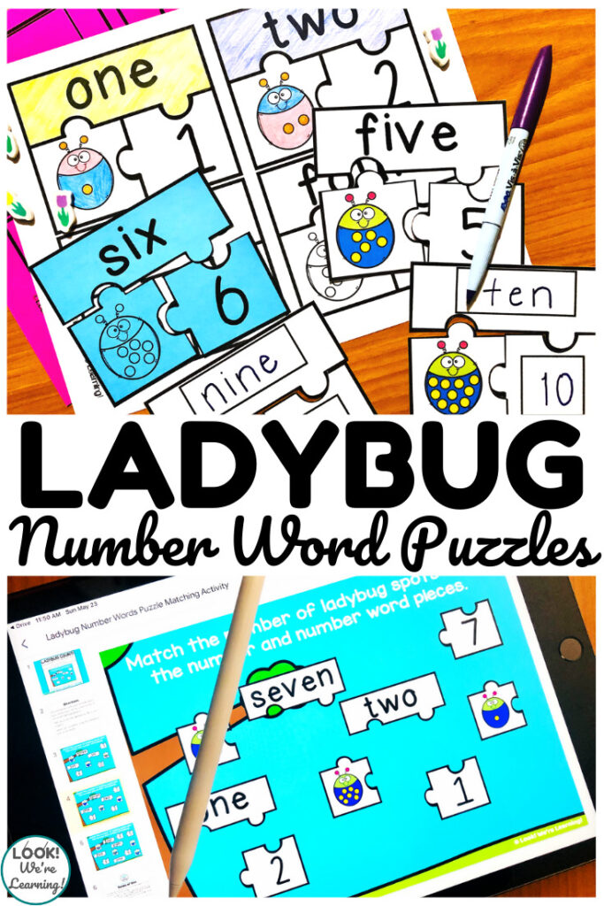 Pick up the printable or digital version of these ladybug number word puzzles to teach early counting skills!