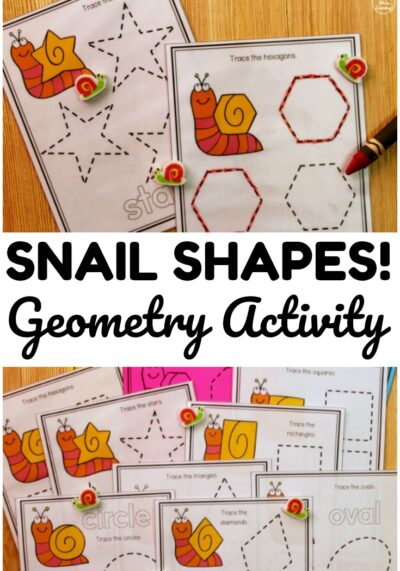This printable snail themed geometry activity is a fun way to teach early learners a variety of 2D geometric shapes!