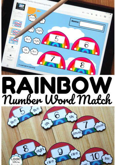 Use the digital or print version of this rainbow number word matching activity to help early learners recognize number words!