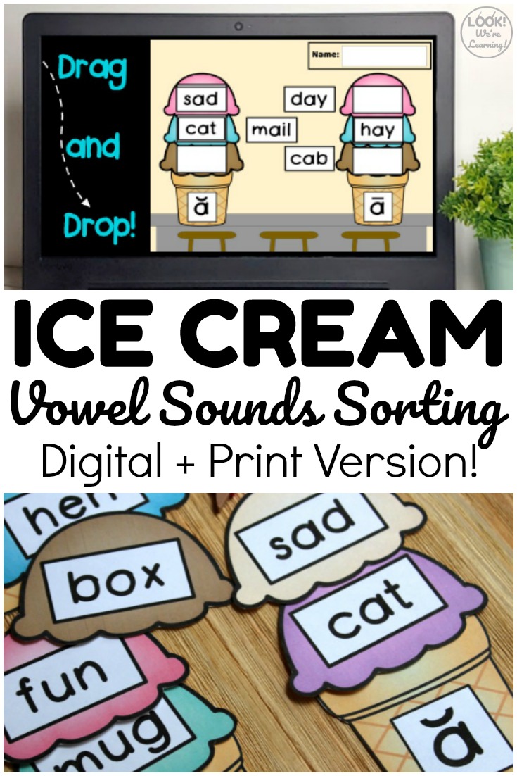 This digital and print ice cream vowel sounds sorting activity is a wonderful lesson for early readers! Use it online or as a hands-on activity at centers!