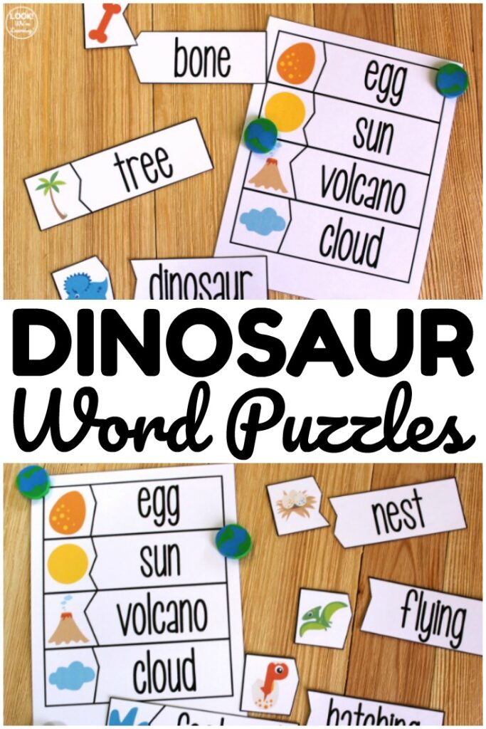 These fun dinosaur word matching puzzles are so fun for early literacy practice!