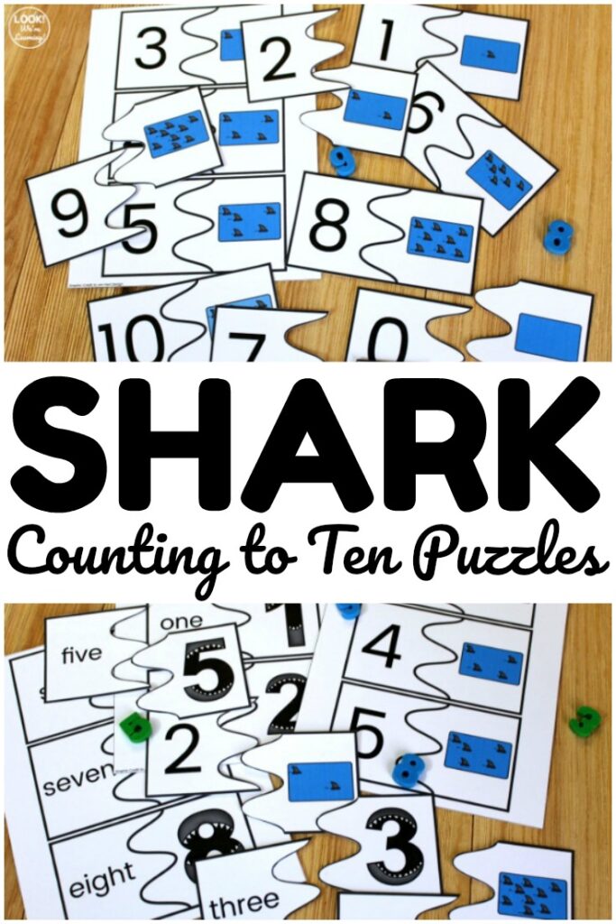 Use these printable shark counting to ten puzzles to help early learners practice counting with numerals, objects, and number words!