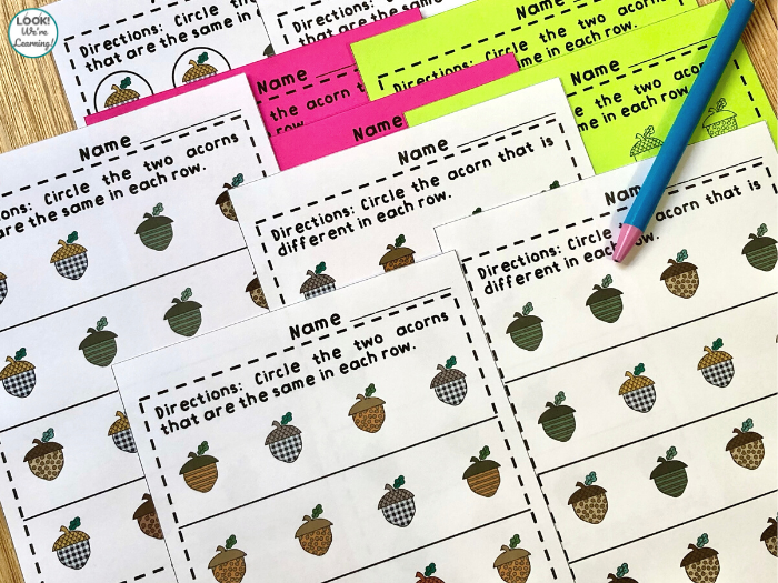 Printable Acorn Same and Different Worksheets