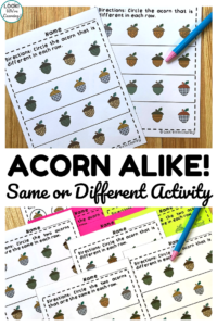 Teach early learners how to recognize same and different objects with these fall themed acorn same or different worksheets!