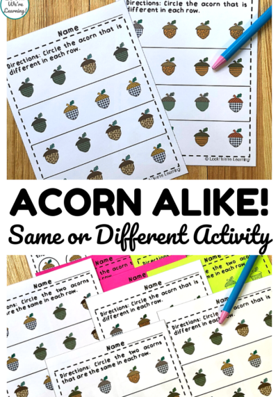 Teach early learners how to recognize same and different objects with these fall themed acorn same or different worksheets!