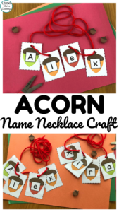 Turn learning to spell names into a fun fall activity with this easy Name Acorn Necklace Craft for kids!