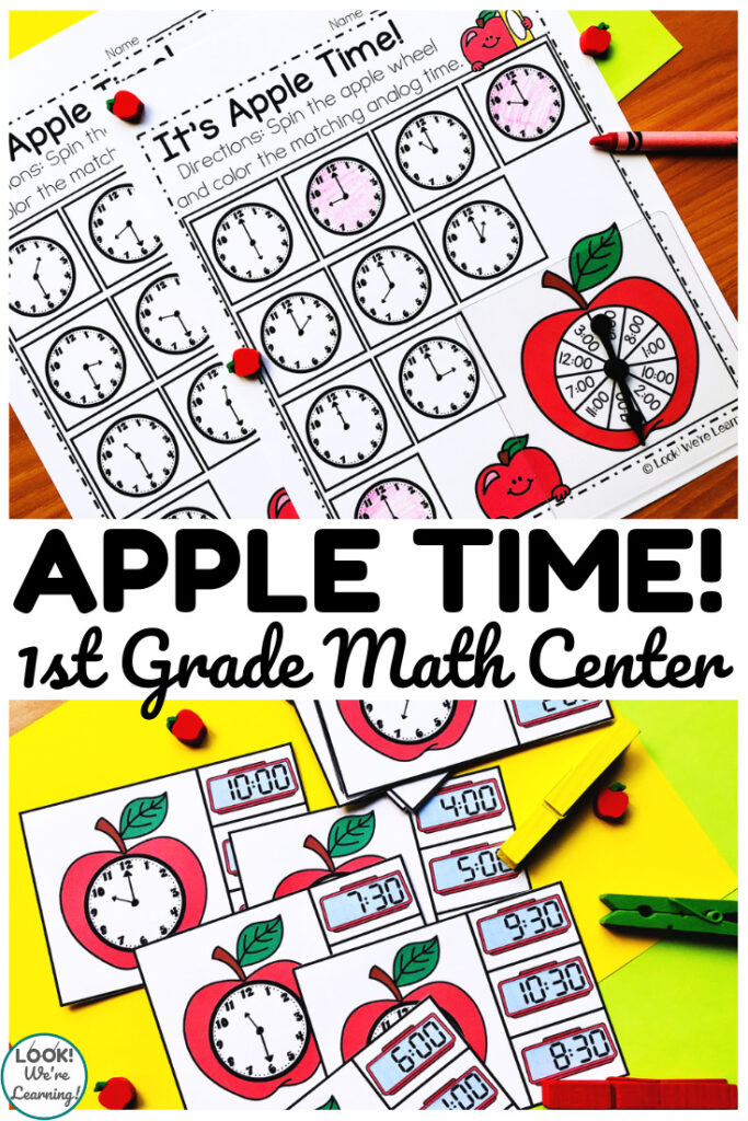 Teach first graders how to tell time to the hour and half hour with this apple themed telling time math center!