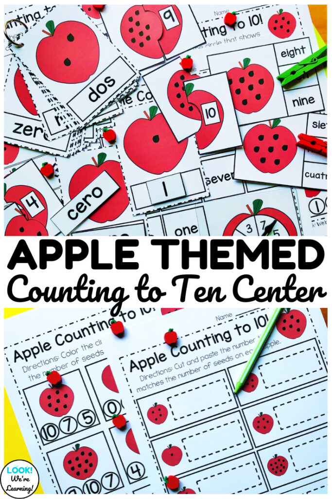 This apple counting to ten math center for kindergarten is an excellent way to welcome students back to school with fun counting practice!