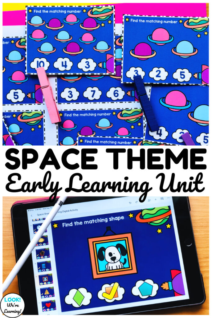 Learn basic concepts about shapes, counting, letter sounds, and colors with this fun space themed kindergarten center!