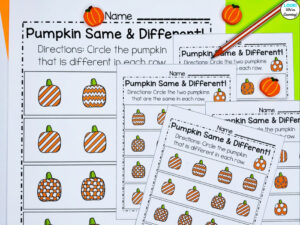 Pumpkin Same and Different Worksheets for Early Learners