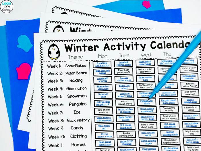 Preschool Winter Activity Calendar for Kids
