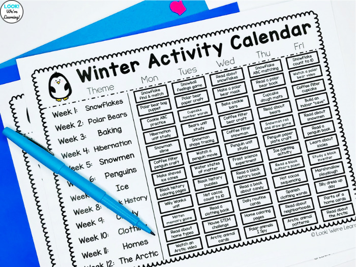 Preschool Winter Activity Themed Calendar