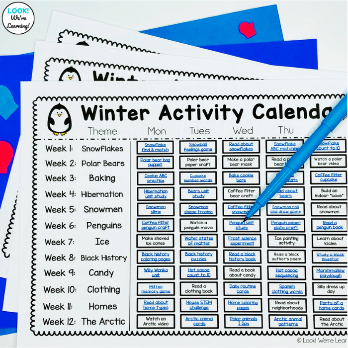 Printable Preschool Winter Themed Calendar