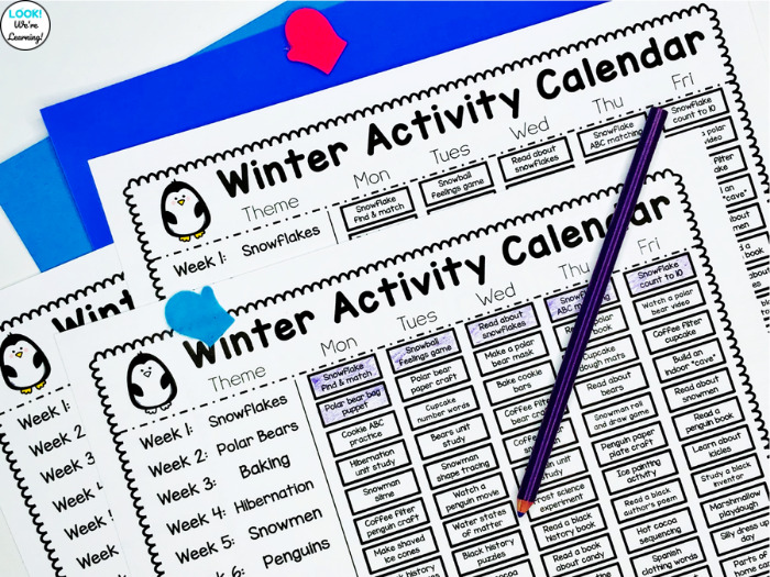 Printable Winter Activity Calendar for Preschool