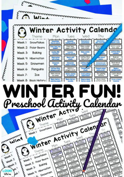Use this printable preschool winter activity calendar to plan your winter early learning themes!